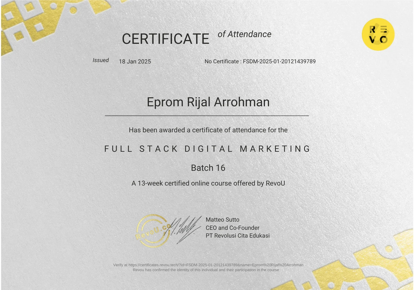 RevoU certificate of attendance, Full Stack Digital Marketing, Batch 16