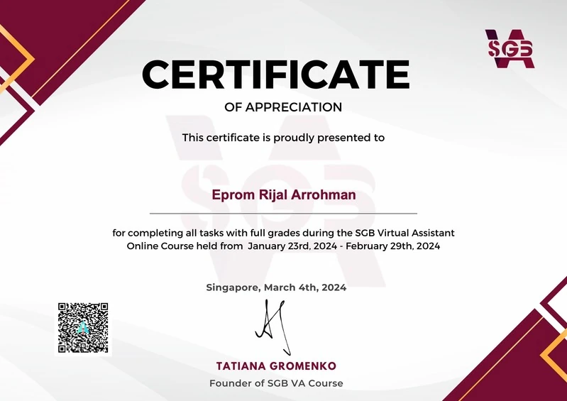 SGB VA course certificate of appreciation, 2024